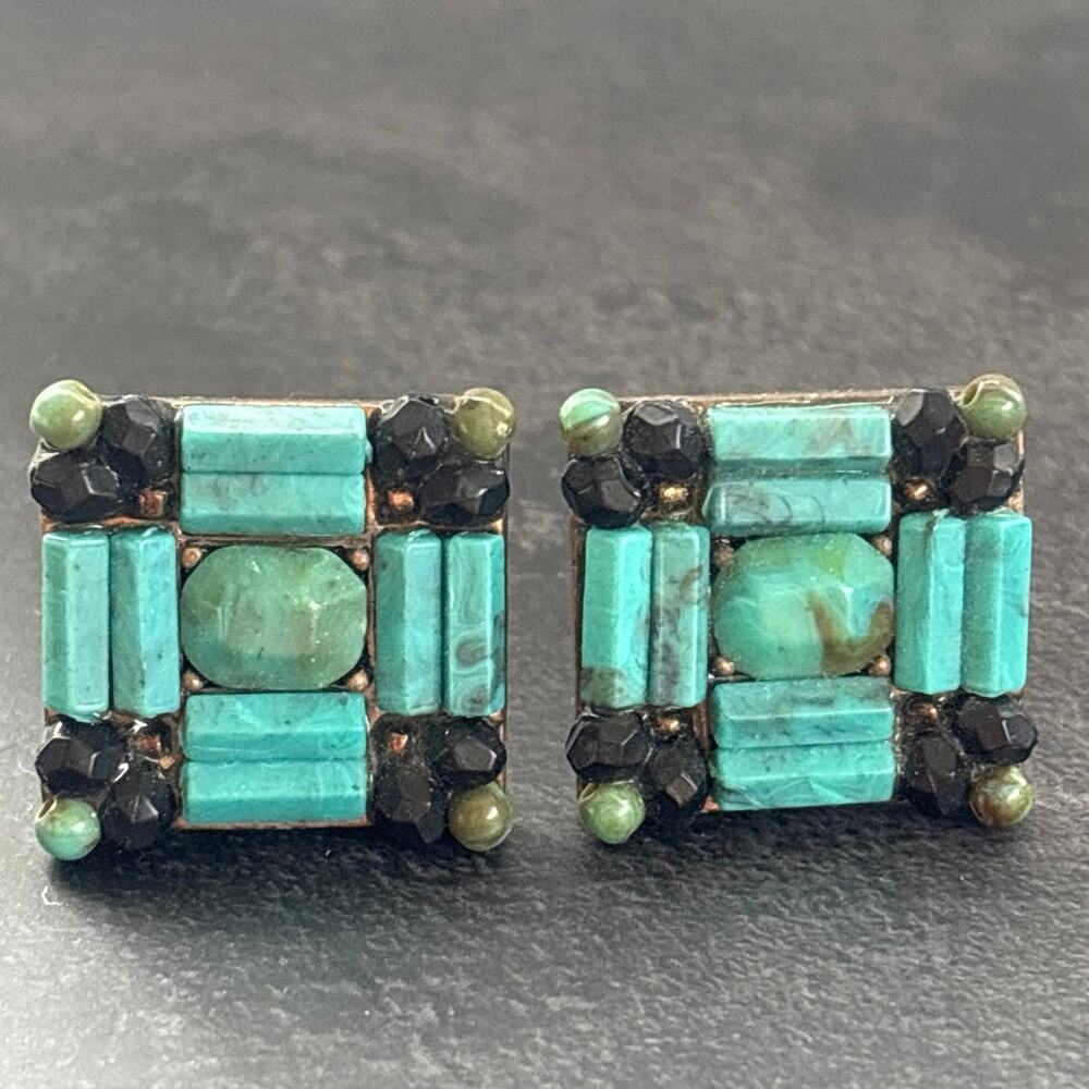 Vintage MCM Mid Century Modernist Teal Aqua Blue Green Square Clip On Earrings